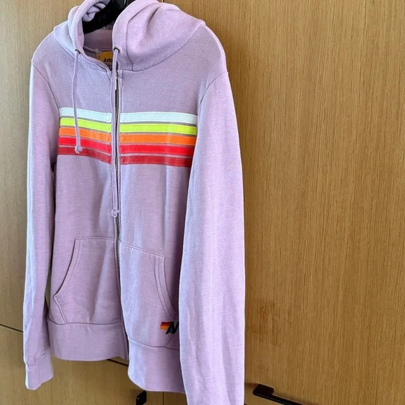 Aviator Nation 5 STRIPE Zip HOODIE Jacket Purple / MAUVE NEON colors Size Small - Picture 9 of 10